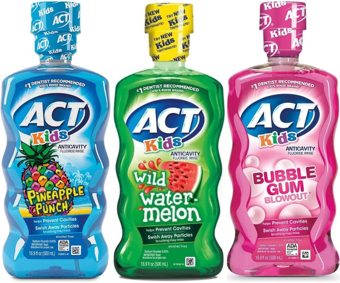 ACT Kids Anticavity Mouthwash Variety Pack, Watermelon, Pineapple, Bubble Gum (50.70 FL Oz (Pack of 3))