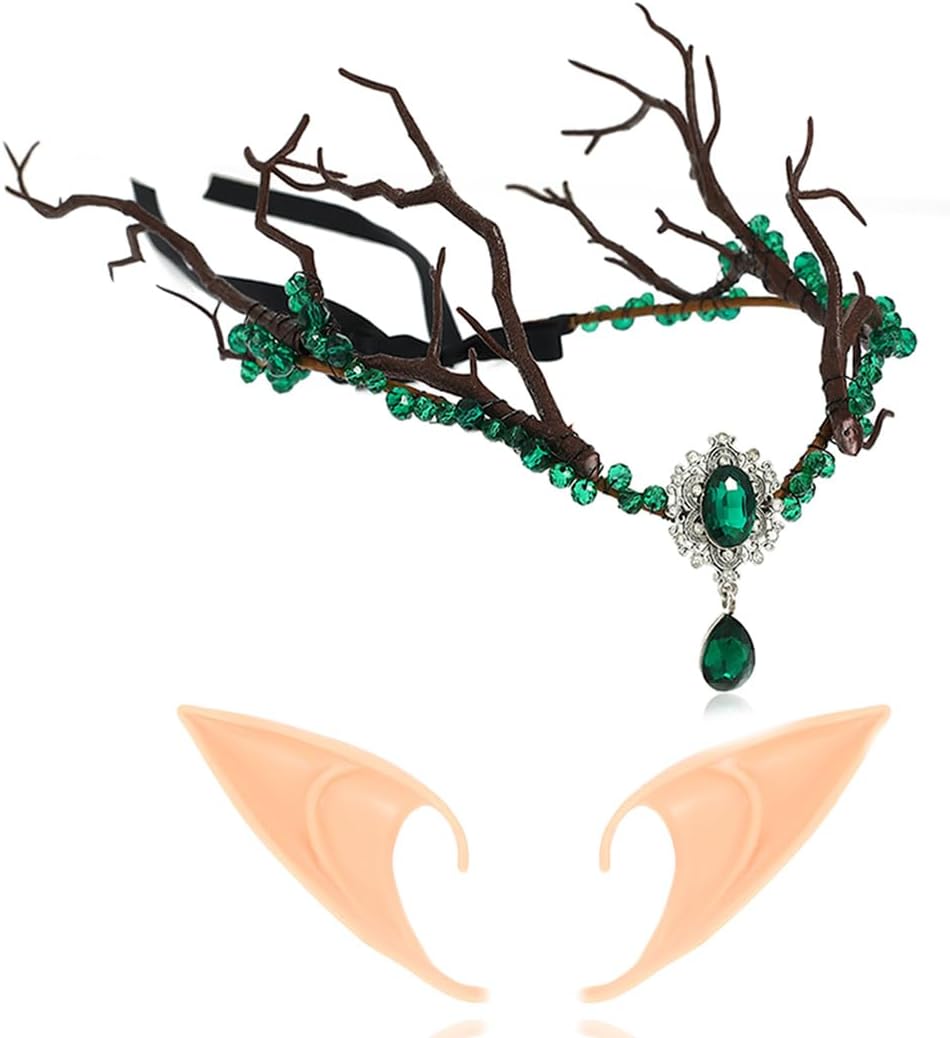 Aukmla Fairy Crown Headband with Elf Ears Green Crystal Woodland Headpiece Forest Tree Branches Headdress Halloween Costume Cosplay Hair Wreath Accessories for Women and Girls