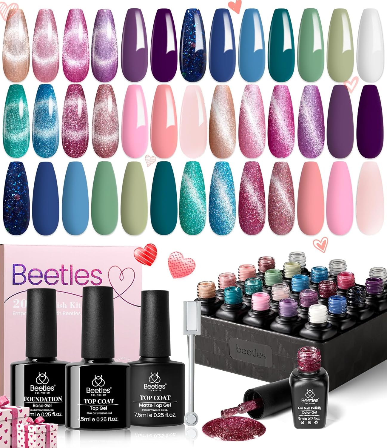 beetles Gel Polish Set 24Pcs Cat Eye Gel Nail Polish Floral Verses Holographic Glitter Blue Pink Green Purple Nail Polish with Magnet Glossy & Matte Gel Top Coat Base Coat UV LED DIY Valentines Nails