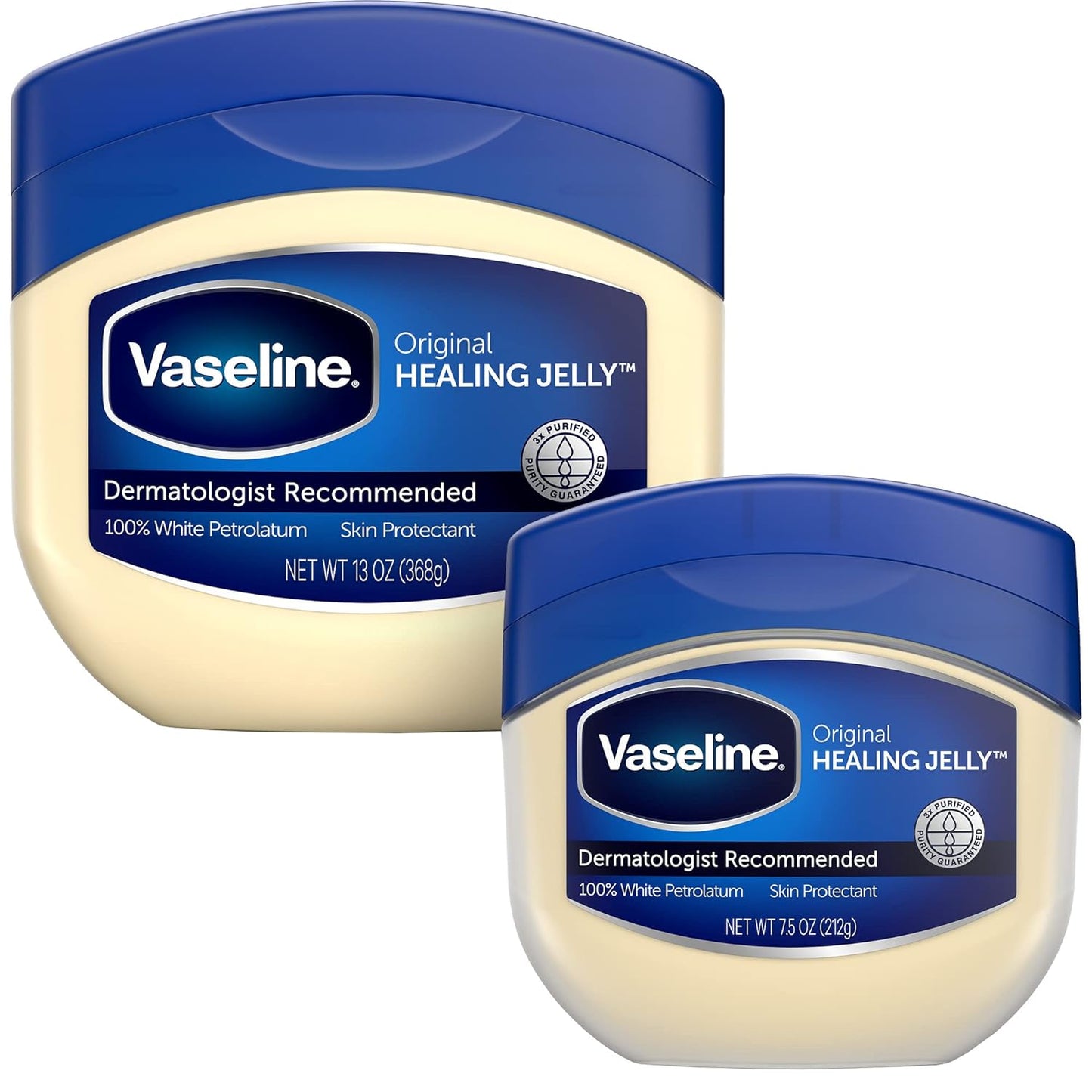 Vaseline Petroleum Jelly, Dermatologist Recommended, Original, 100% White Petrolatum, Deep Moisturizer, Relieves Dull, Dry Skin, Soothing & Gentle, 13 oz and 7.5 oz, Pack of 2