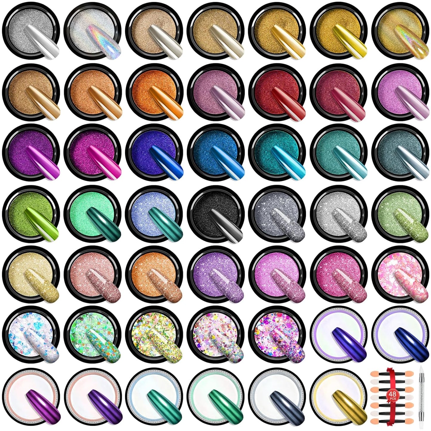 49Pcs Saviland Chrome Nail Powder Set - Metallic Silver Green Red Gold Chrome Nail Powder Mirror Holographic Mermaid Chrome Powder for Gel Nails with Nail Glitter Dust for Manicure Nail Art Decoration