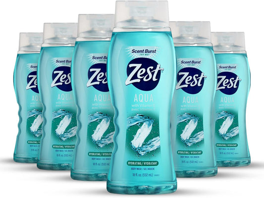 Zest Aqua Hydrating Body Wash, 18 Fl Oz (Pack of 6) - Moisturizing & Refreshing Shower Gel, Easily Lathers for a Relaxing Bubble Bath - Foaming & Exfoliating Skin Cleanser for a Smooth & Clean Skin