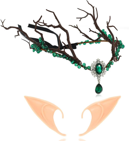 Aukmla Fairy Crown Headband with Elf Ears Green Crystal Woodland Headpiece Forest Tree Branches Headdress Halloween Costume Cosplay Hair Wreath Accessories for Women and Girls