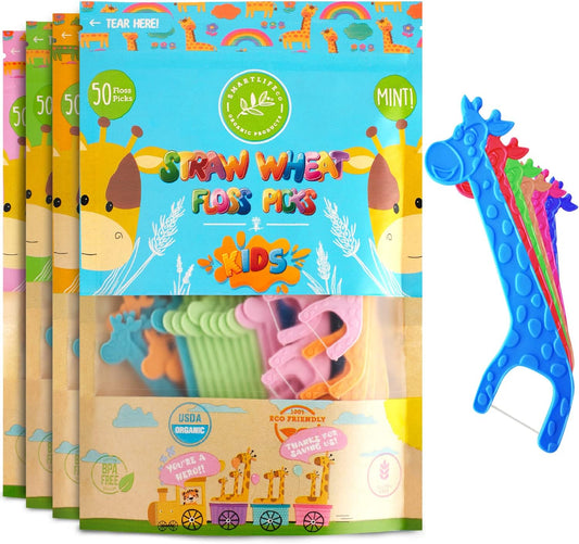 Biodegradable Kids Flossers - Fluoride & Plastic Free | Eco Friendly Dental Floss Picks for Childrens Teeth | Natural Fun Animal Flossing Sticks for Toddlers | Organic & Compostable (200 Pack, Mint)