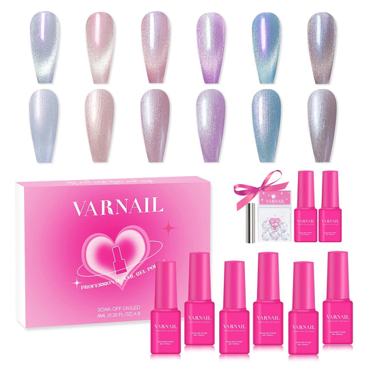 VARNAIL Dreamcatcher Cat Eye Gel Polish Set 6 Colors with Gift Base Top Coat, Aurora Mermaid Nail Gel Polish with Magnet, Salon Quality Soak off UV Light Gel Nail Polish Set