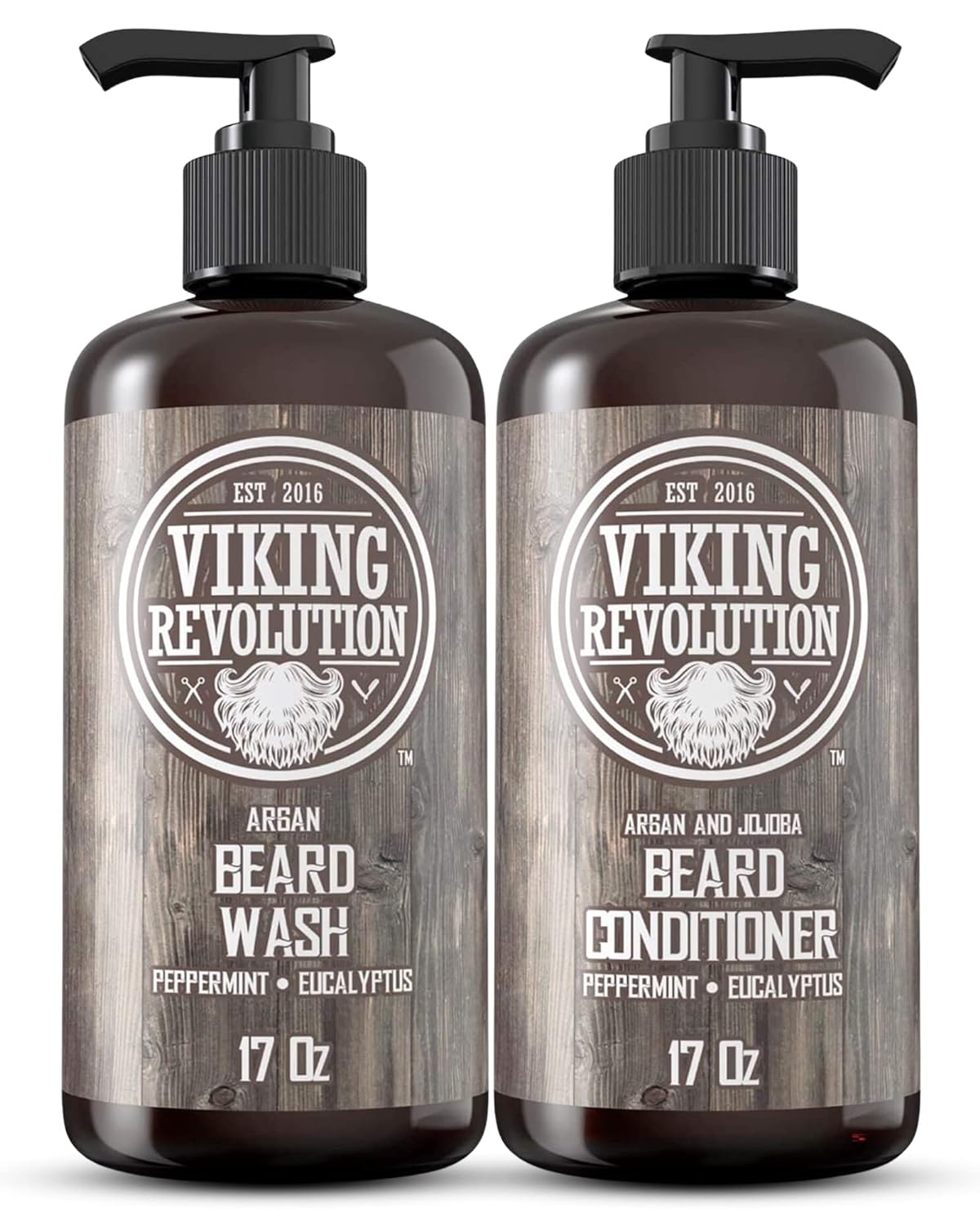 Viking Revolution Beard Wash & Conditioner Set w/Argan & Jojoba Oils Ð Softens, Smooths & Strengthens Beard Growth - Natural Peppermint and Eucalyptus Scent - Shampoo (17 oz)